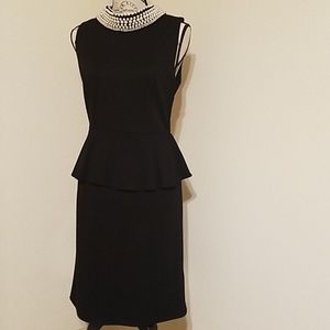 Women's Black Peplum Dress w Pearl Collar